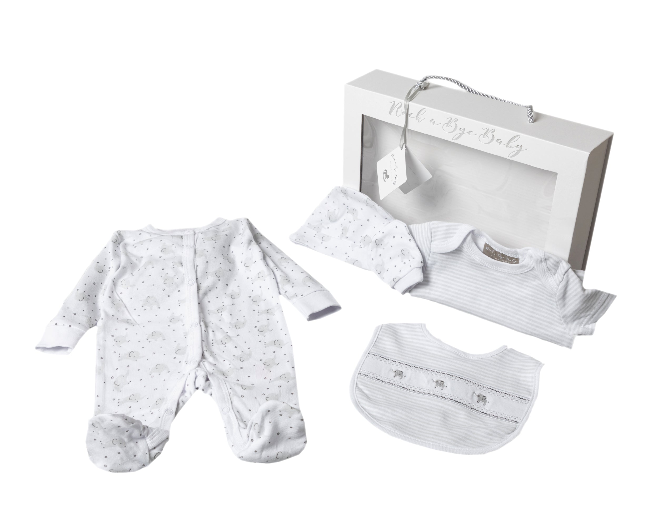 Our Little Elephants Unisex Gift Set is the perfect choice for any new arrival. Complete with a gorgeous sleepsuit, hat and mittens set, it’s sure to impress your friends and family