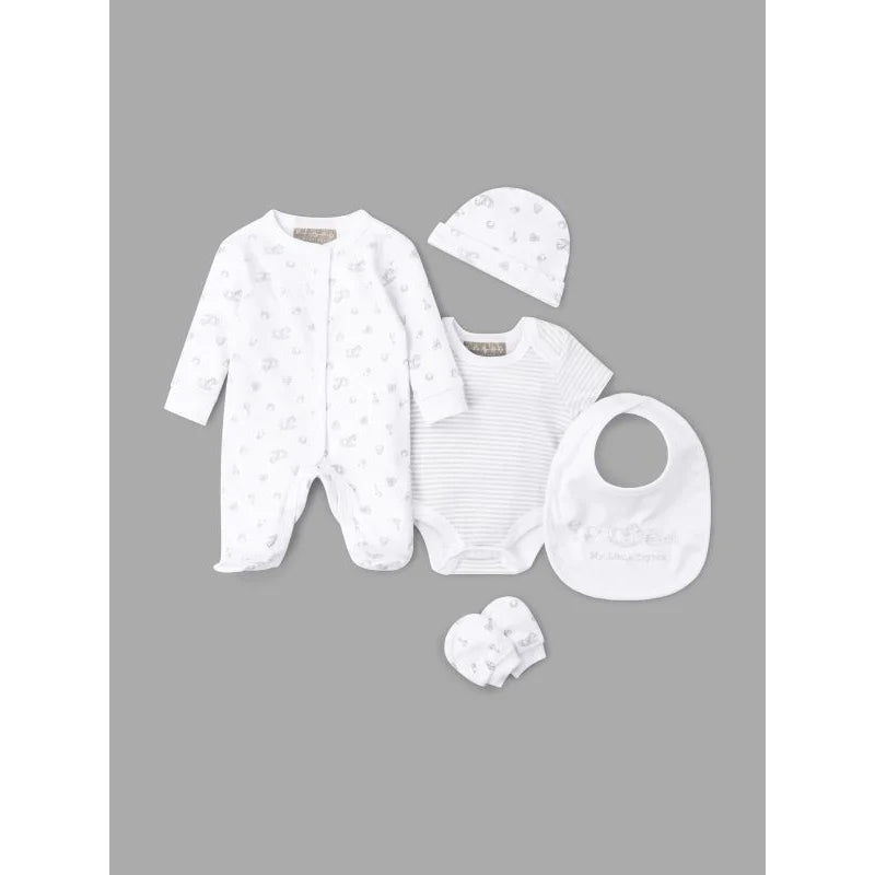 Our adorable unisex baby toybox motif print five-piece layette set is a lovely gift for any new arrival. This beautiful baby white five-piece layette set includes a sleepsuit, bodysuit, bib, mittens and beanie hat