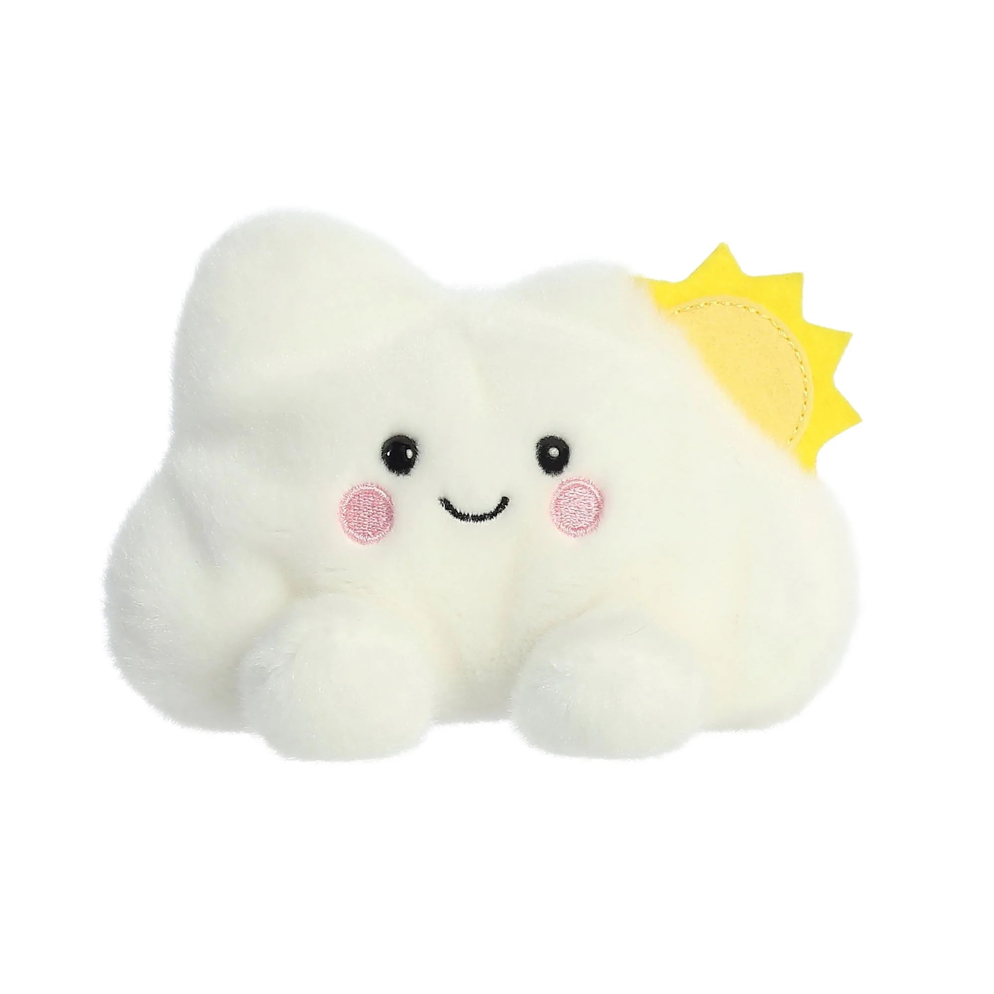 A white soft toy shaped like a cloud with a very friendly smiling face and a cute sunshine.