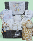 Baby hamper gift with a clothing set, teething toy, milestone cards, chocolates and blanket. 