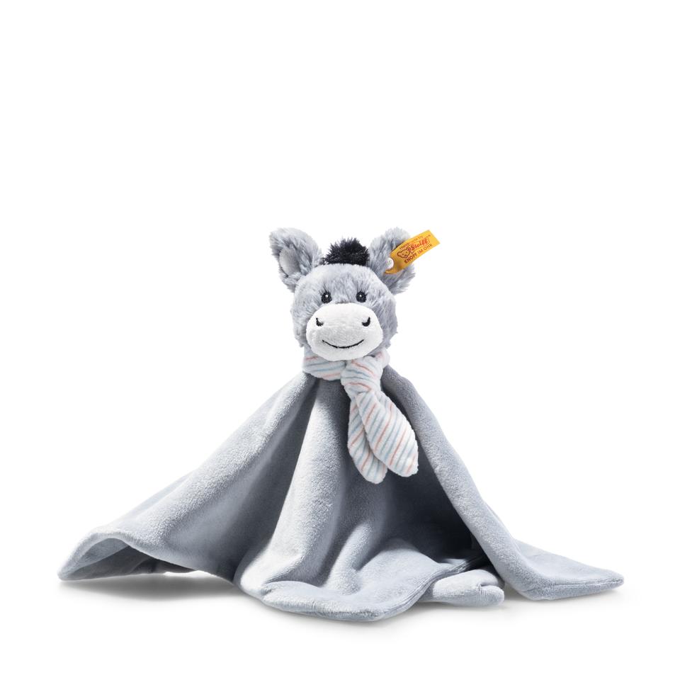 Soft grey comforter soft toy from Steiff with a pastel coloured  scarf and cute friendly donkey head.