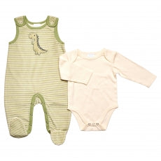 This Baby Boy Clothing &#39;Dinosaur&#39; Dungaree Set is the perfect wardrobe addition for your little one. The set features an envelope-neck bodysuit, complete with poppers to the legsinosaur applique, a bow detail and feet. An ideal gift set for new baby, and a velour dungaree with an adorable d