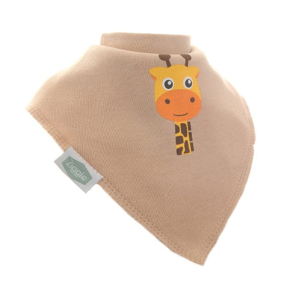 A soft dribble bandana bib with a cute giraffe face on the front.