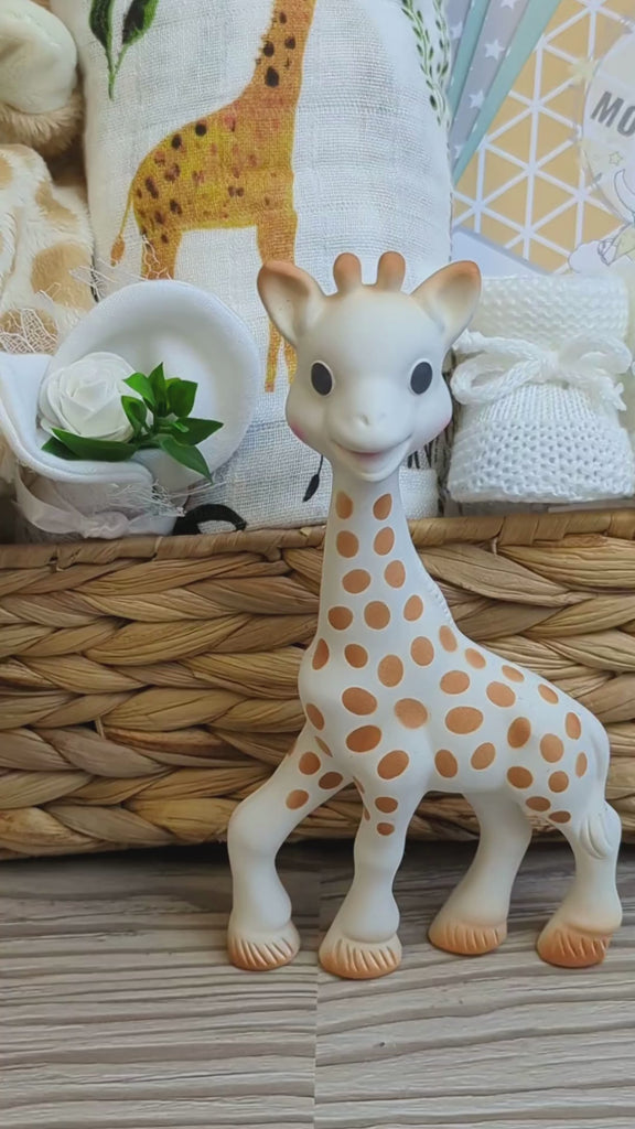 giraffe themed new baby hamper gift.