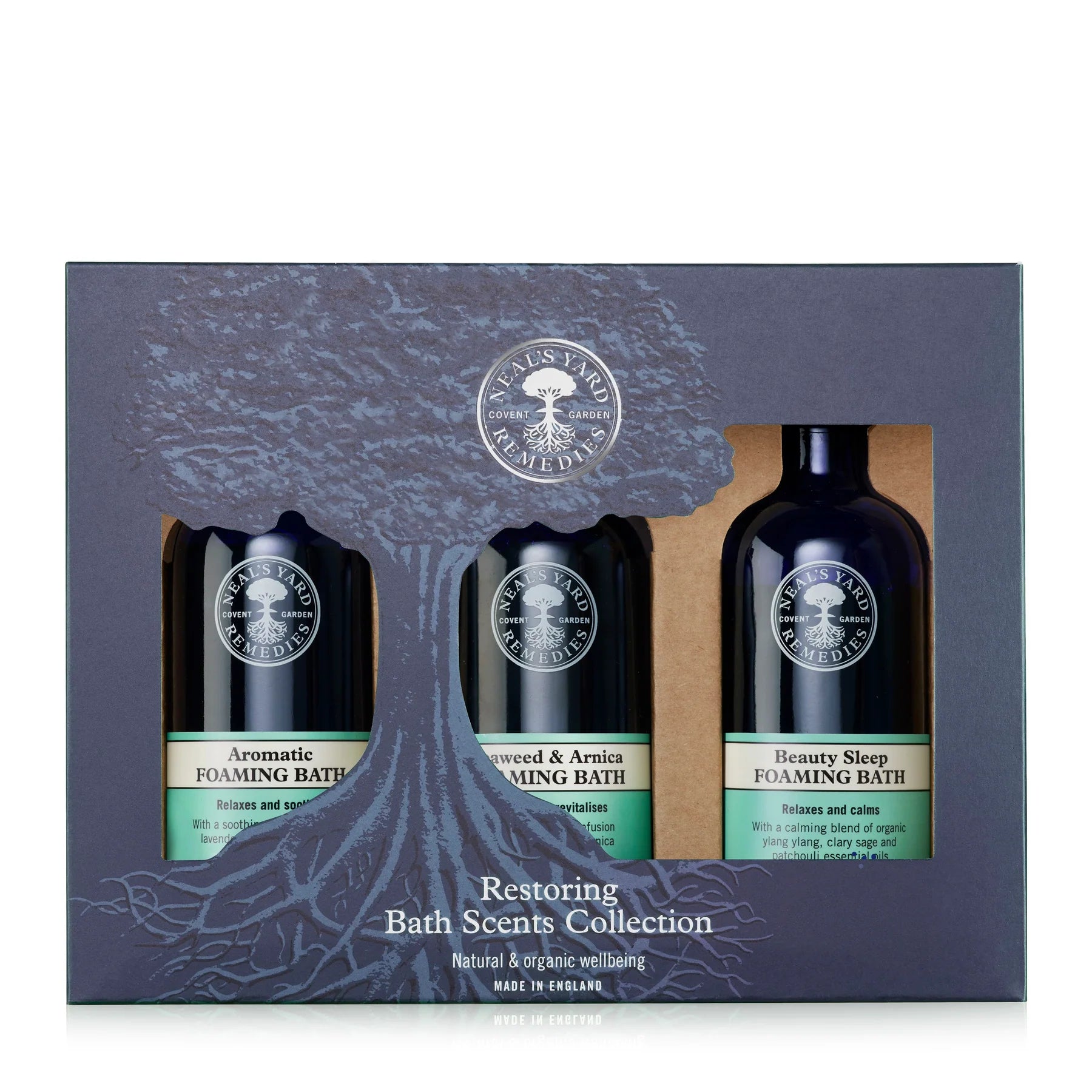A perfect gift for a new mum or dad.  Neal's Yard Remedies foaming bath collection containing three different bath foams to help relax and soothe.support your wellbeing and relax your senses 