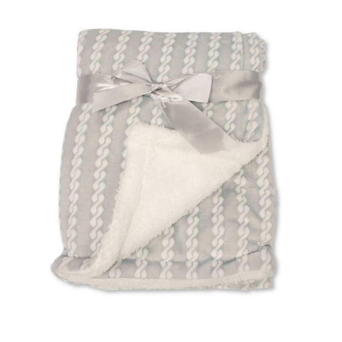 Grey baby blanket with sherpa fluffy back and ziz zag design.