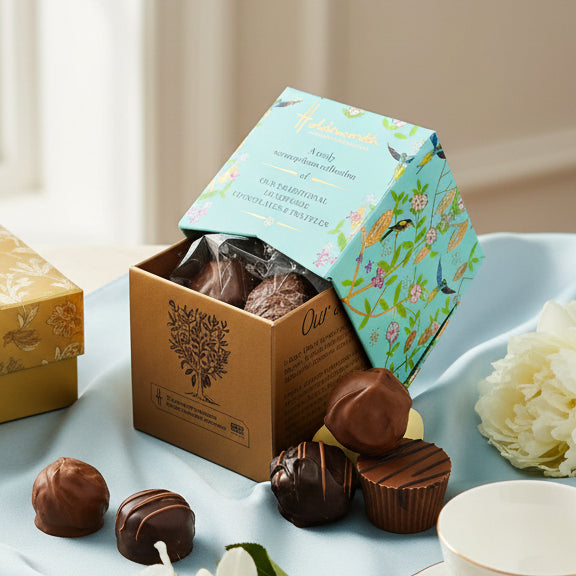 Handmade British Petite Assorted Chocolate Cube by Holdsworth Chocolate Box.