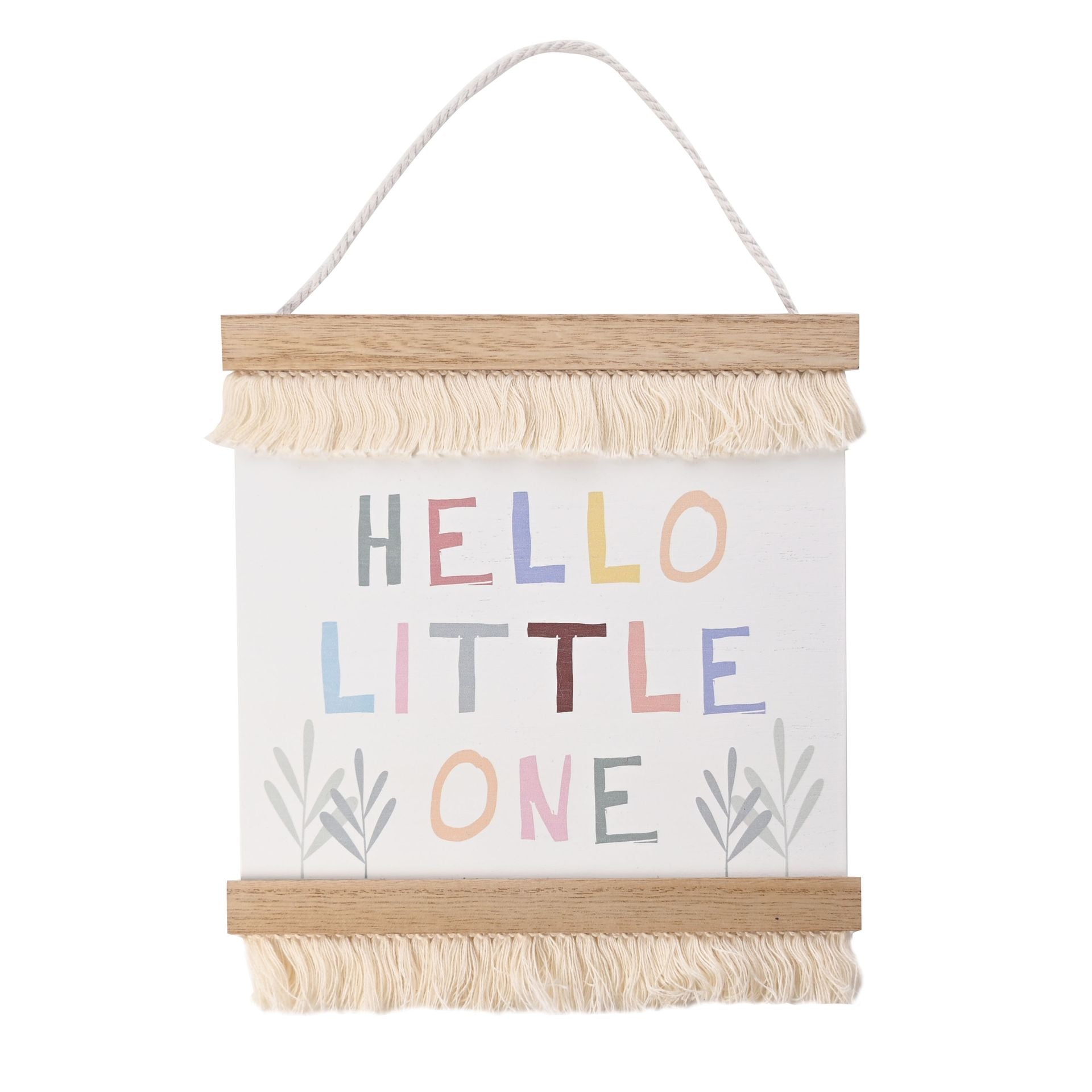 A hanging square plaque in neutral colours with  hello little one written on it.