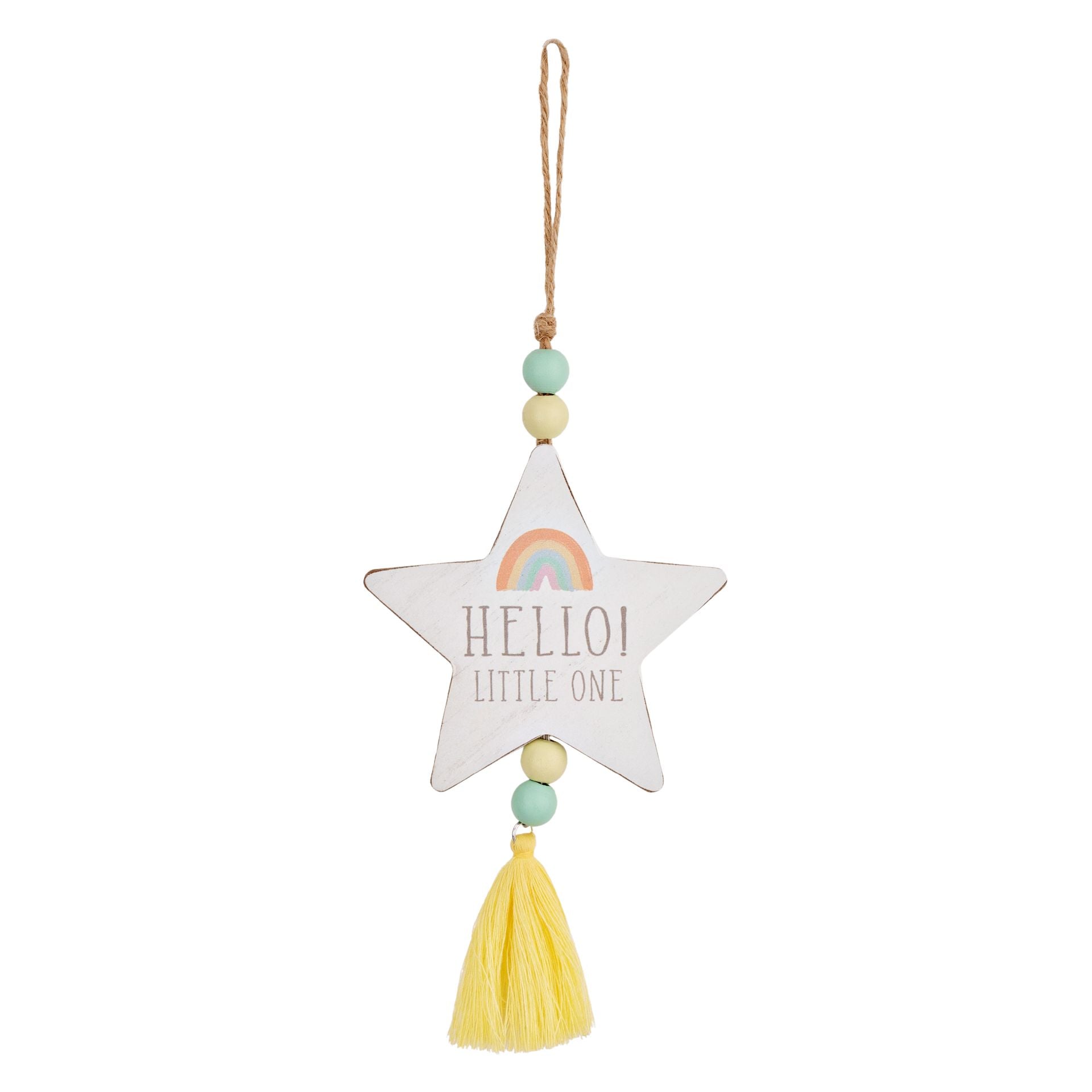 A star planing hanging on beaded thread with a small rainbow and 'hello little one' written in the star.