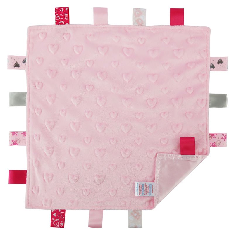 Pink heart comforter blanket with ribbon baggies along each edge