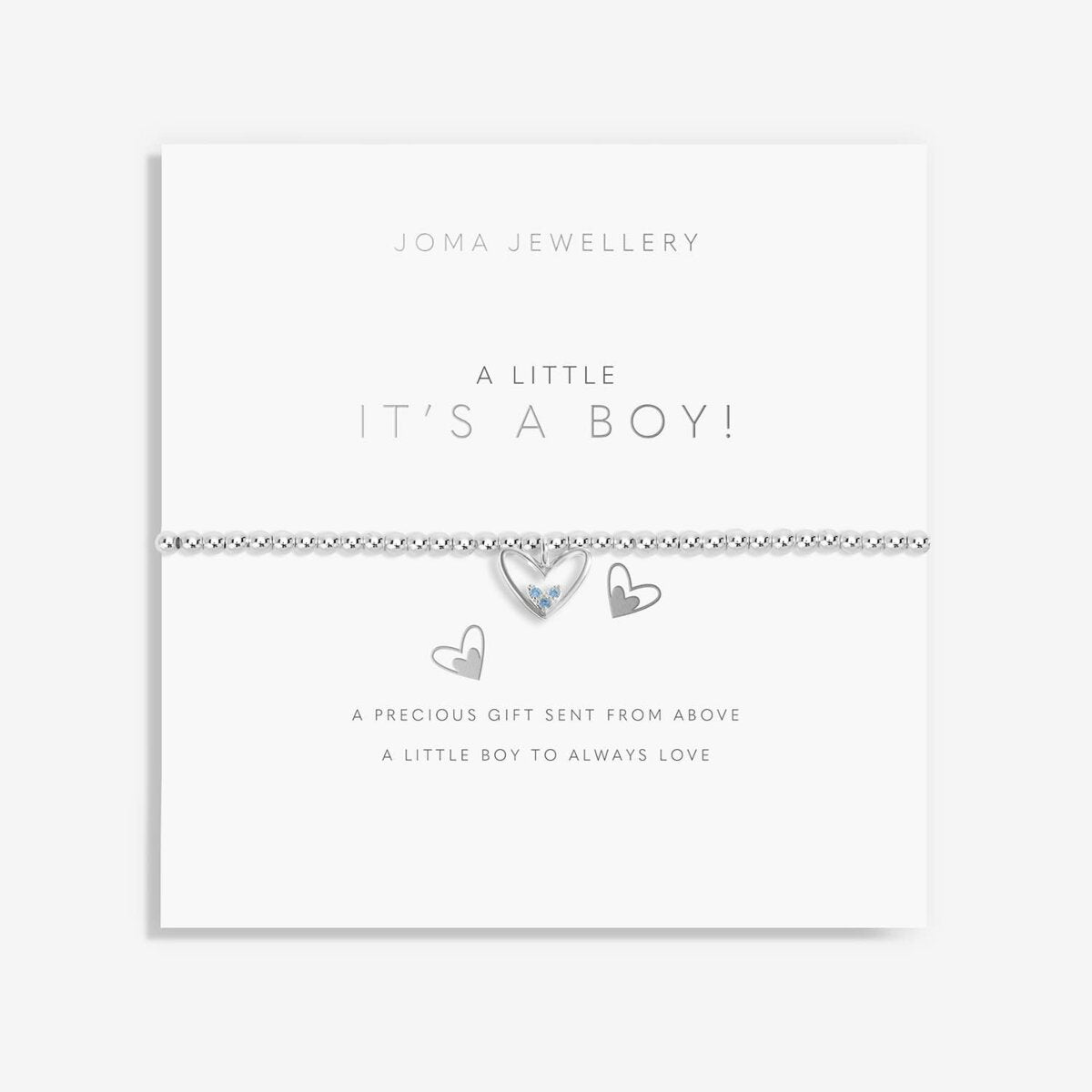 Celebrate the arrival of the new baby boy with our It&#39;s a Boy! Bracelet. This glittering silver bracelet features a stretch-bead style and a sparkling silver heart-shaped charm, surrounded by blue gemstone