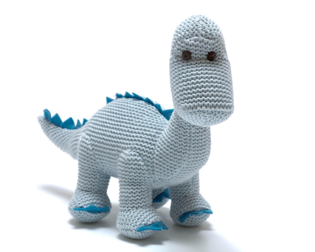 Knitted Organic Cotton Blue Diplodocus Dinosaur Baby Rattle - Bumbles &amp; Boo
