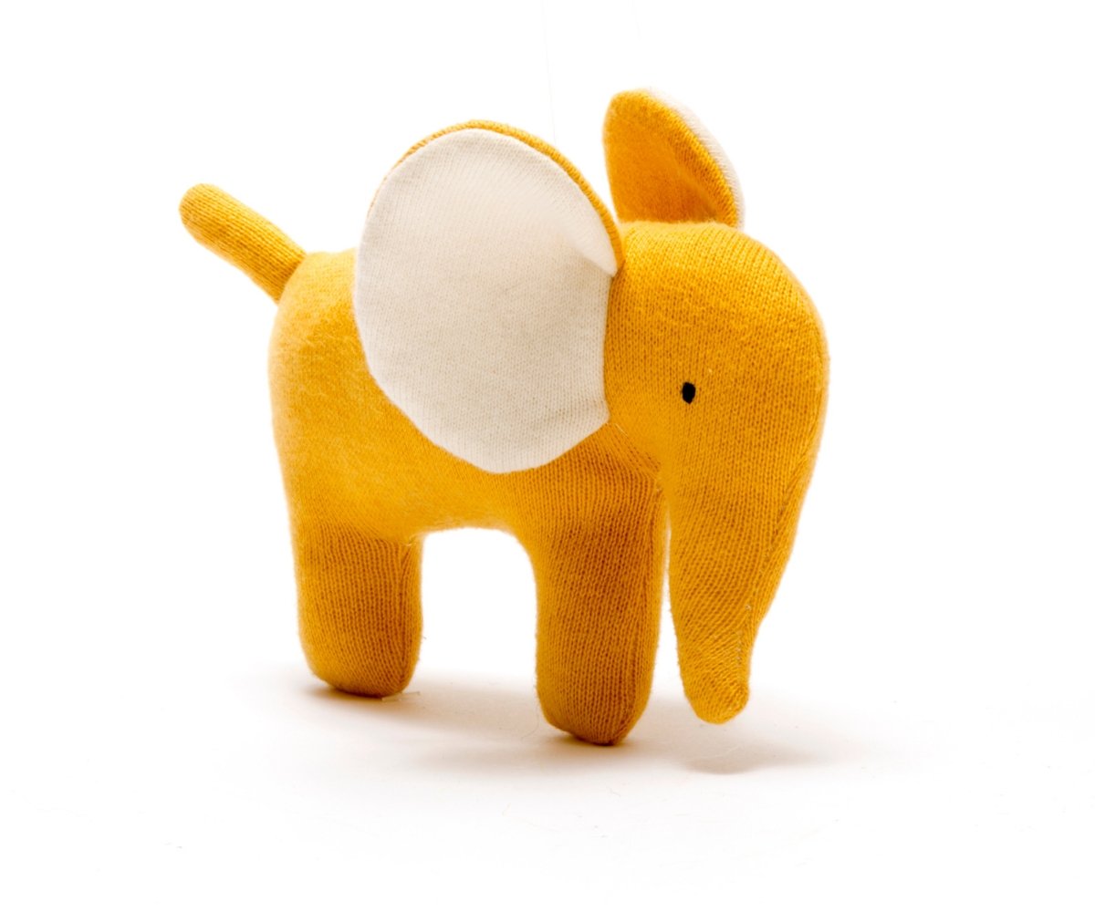 Knitted Organic Cotton Small Mustard Elephant Baby Scandi Toy - Bumbles & Boo