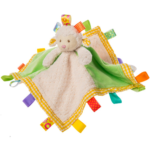 A soft lamb comforter blanket with  satin baggies around the edge.  Perfect comforter for a baby to hug