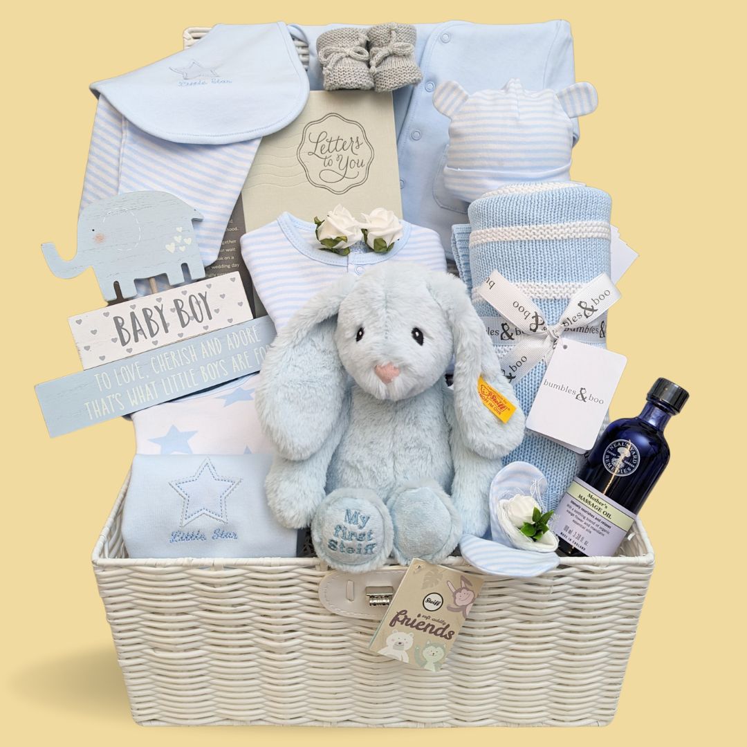 baby boy hamper gift with clothing set, baby journal, steiff teddy, blanket and neal&#39;s yard remedies for mum.
