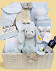 baby boy hamper gift with clothing set, baby journal, steiff teddy, blanket and neal's yard remedies for mum.