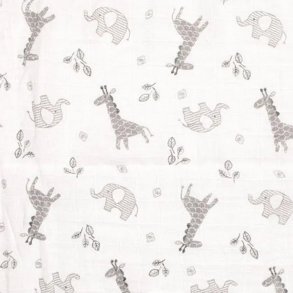 Large baby muslin swaddle blanket with grey giraffes and elephant design. 