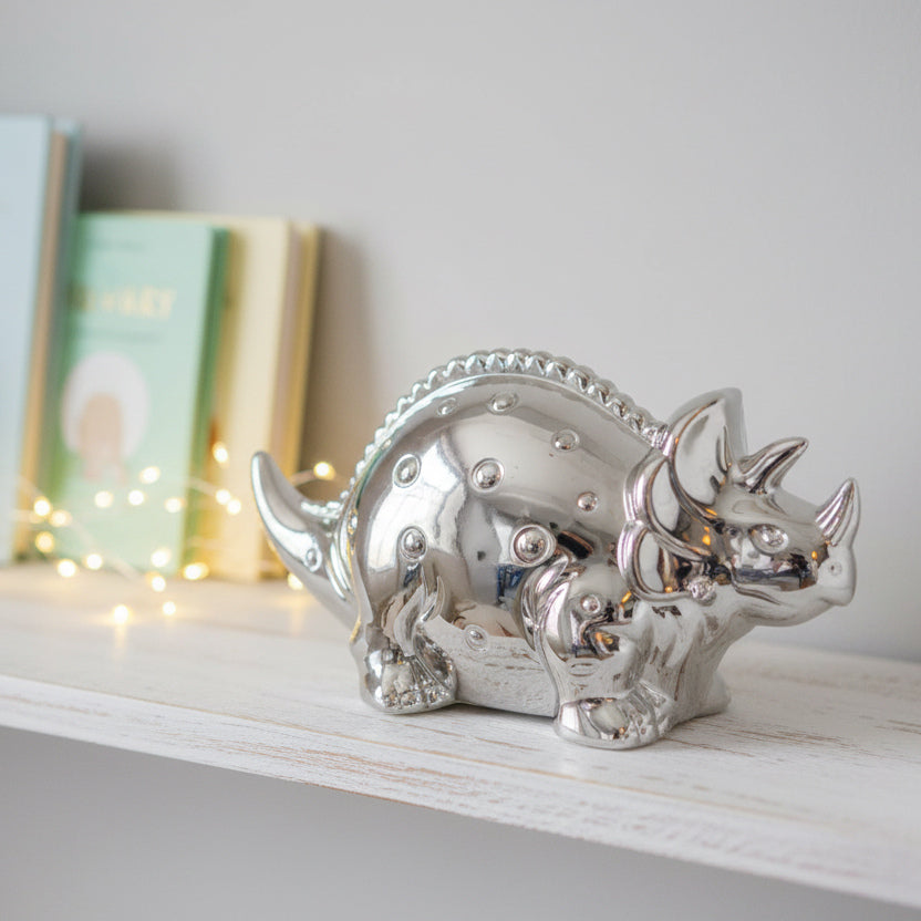 Money Box - Silver Plated Dinosaur Money Box.