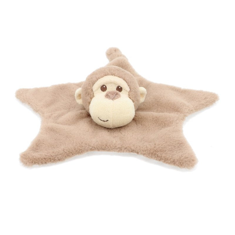 A cuter comforter soother blanket in light from with plush soft feel with a monkey face