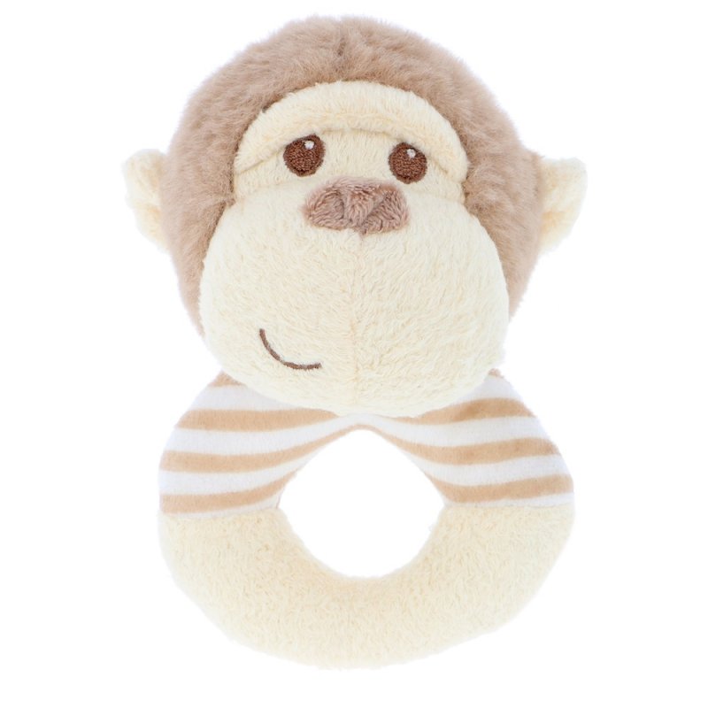 Soft ring rattle with a monkey face made from 100% recycled materials.  A great rattle for a baby tio play with
