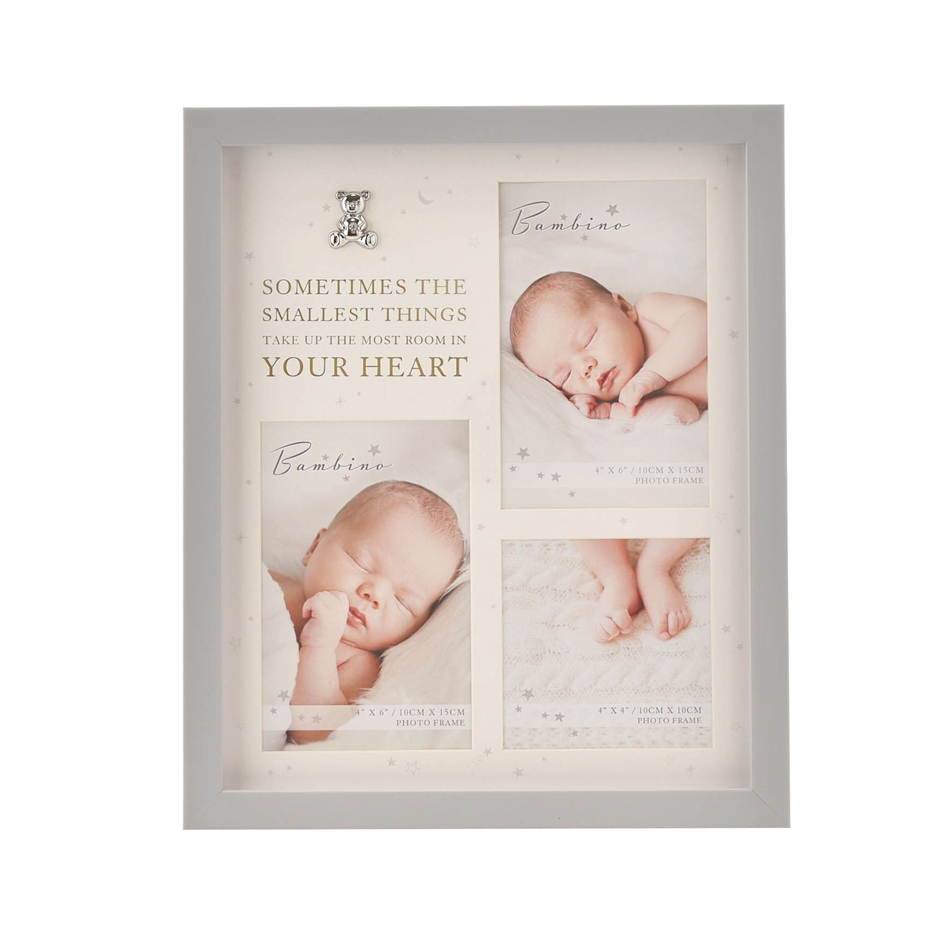 A neutral coloured photo frame that can take up to three pictures and features a small silver teddy bear