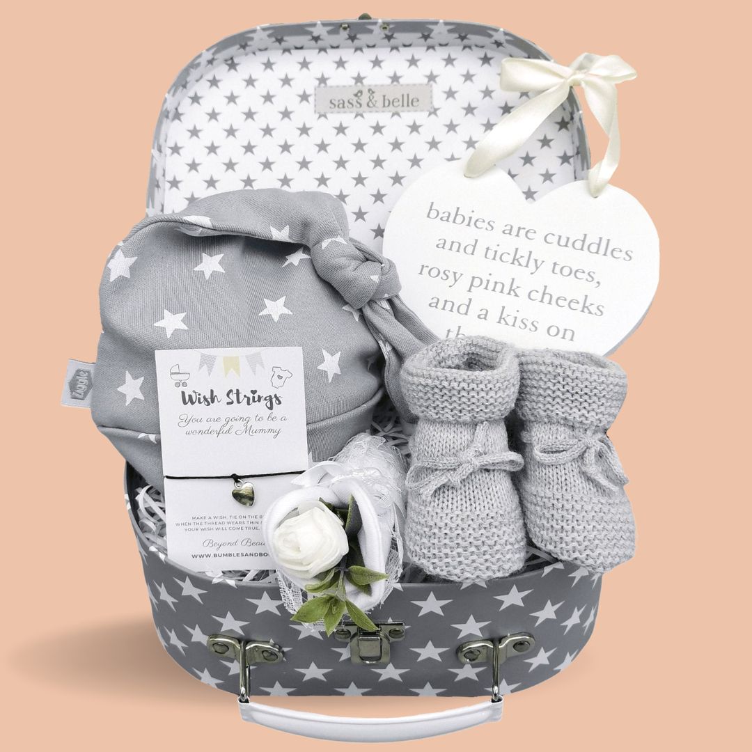 Mum to be gift hamper with grey stars baby hat, wonderful mummy bracelet. and heart nursery sign gifts.