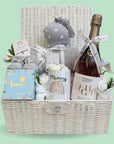 Mum to be gifts hamper basket with in grey and white with mummy & baby presents.
