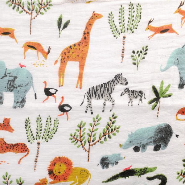 Large 100cm by 100cm muslin swaddle blanket with safari animal pattern