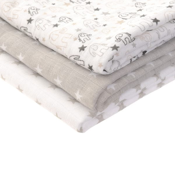 Set of 3 cotton muslins.  1 with elephant print, one grey with white stars and one white with grey stars.