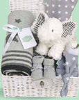 New Baby Hamper Gift in neutral unisex grey & white with Elephant soft toy, baby blanket and star bib & hat set.