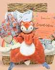 fox themed baby hamper with chocolates for the parents.
