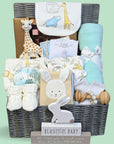 baby boy gift hamper to include clothing set, teething toy, baby blanket, chocolates for the new parents,