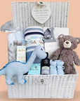 Large new baby boy gifts hamper with blue dinosaur, stripy blanket and teddy bear.