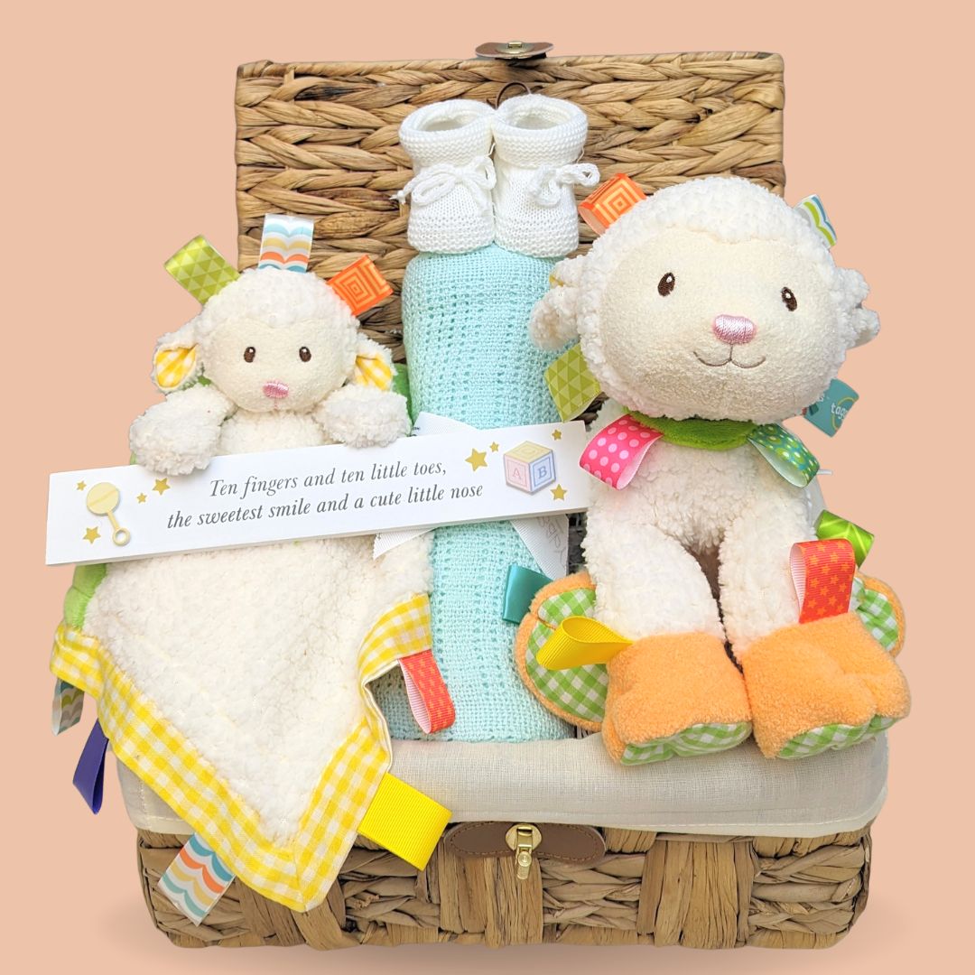 New baby hamper gift basket with taggies lamb , baby blanket, nursery plaque and baby booties.