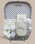 new dad hamper luggage trunk with mug, keyring, baby hat, baby mittens and booties.