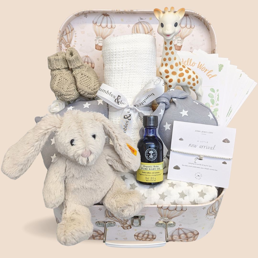New Mum gifts hamper with sophie la girafe teethe,  baby blanket and rabbit toy.