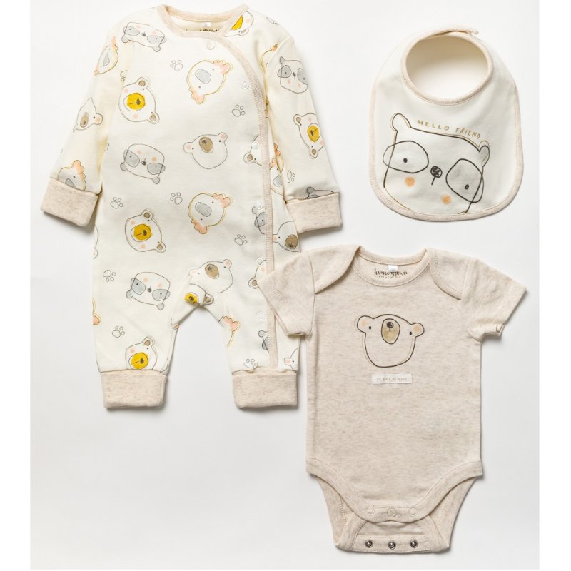 A 3 piece sustainable organic clothing gift set in neutral beige and cream tones and bears featured in patterns on the long sleeved baby grow and a cute bear on the bib  Each set contains:  Long sleeve baby grow  Short sleeve body suit  Bib   