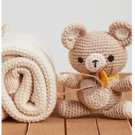 Neutral Baby Blanket Set with Teddy Toy - Gots Certified Organic Cotton