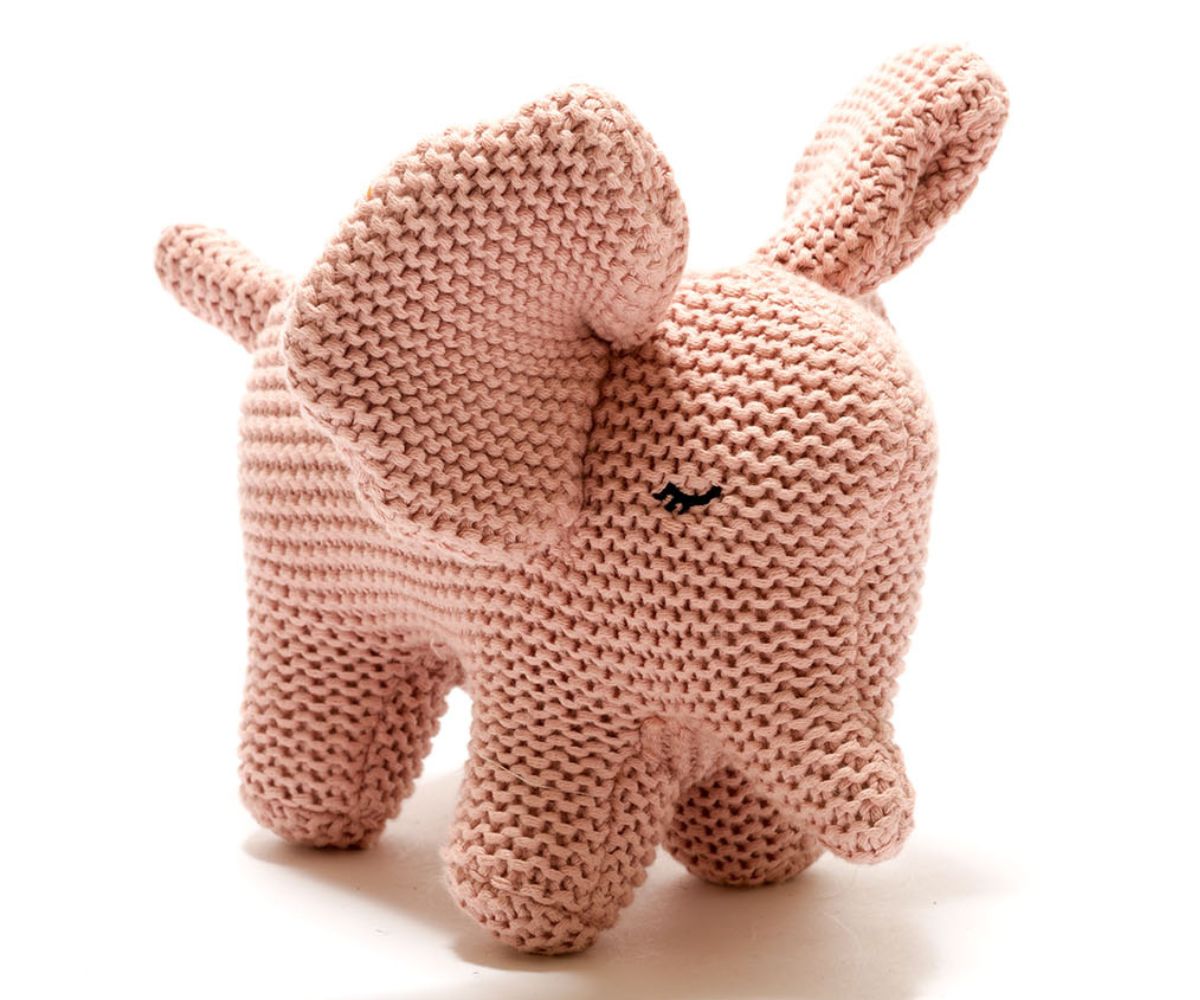 Charlotte is a chunky knit organic cotton elephant soft toy for babies in pink.. An ideal gift for a new arrival or baby shower gift