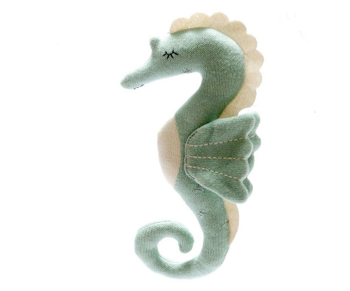 This Organic Knitted  Green Seahorse is the perfect companion for your newborn. Made from organic cotton, it&#39;s tactile and soft so your baby can enjoy it from day one.