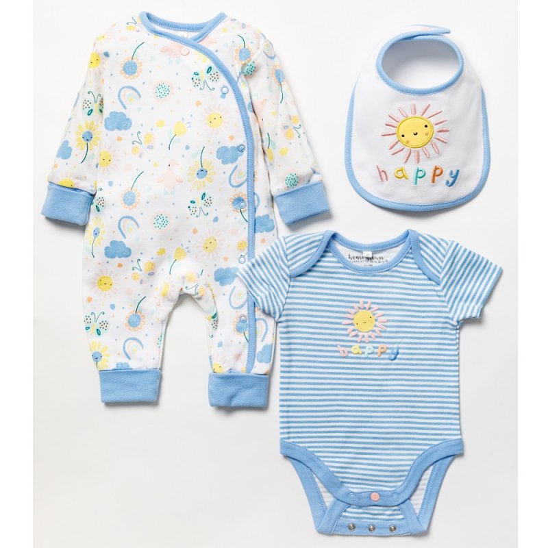 A 3 piece sustainable organic clothing gift set in pale blue and yellow featuring sun and clouds in patterns on the long sleeved baby grow and a sun with the word 'happy' on the bib
