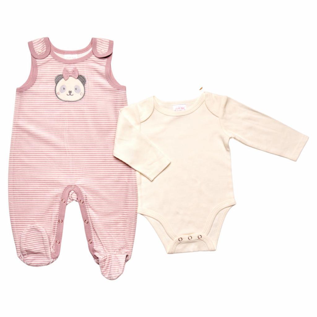 Perfect gift for a new baby girl.  A striped velour set of  dungarees with an appliqued panda design with a bow and a long sleeved body suit to go under neath