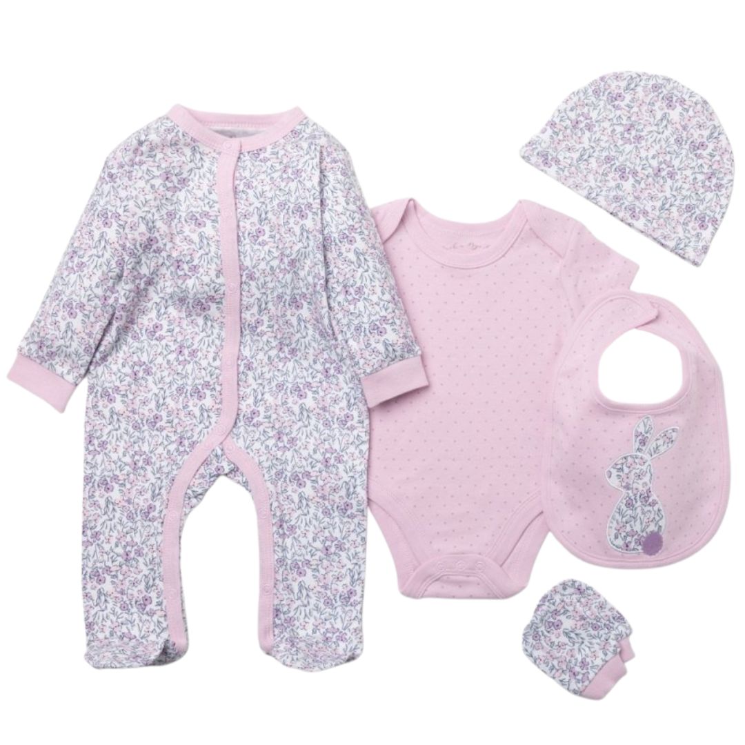 Baby girl clothing gift set with flowers and bunny design.