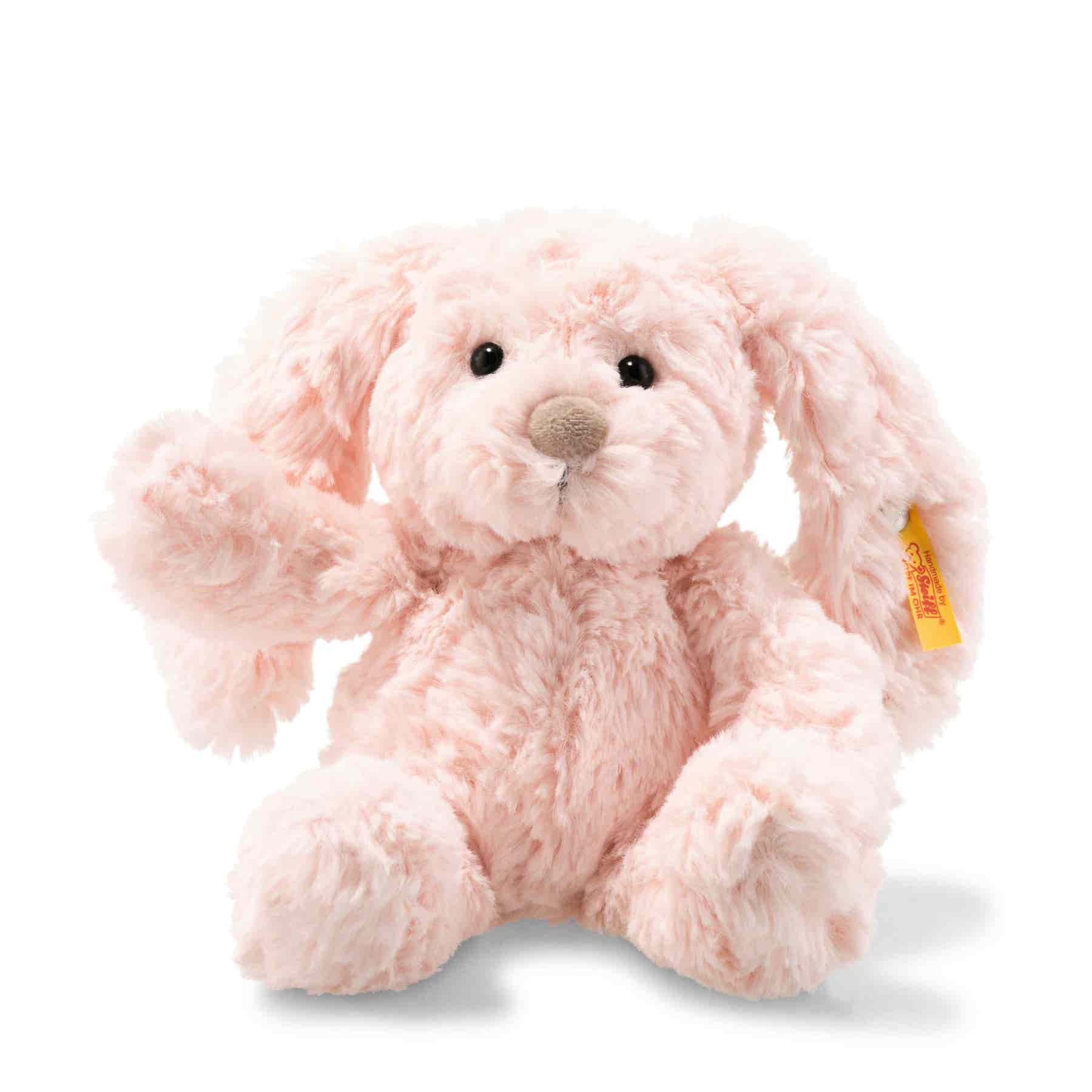 This cute pink bunny is made of soft cuddly plush, with a soft nose and floppy ears