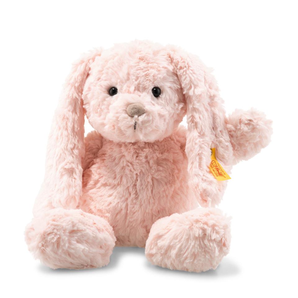 Very soft, pink, long eared bunny made by Steiff.  A perfect cuddly friend for any little one.