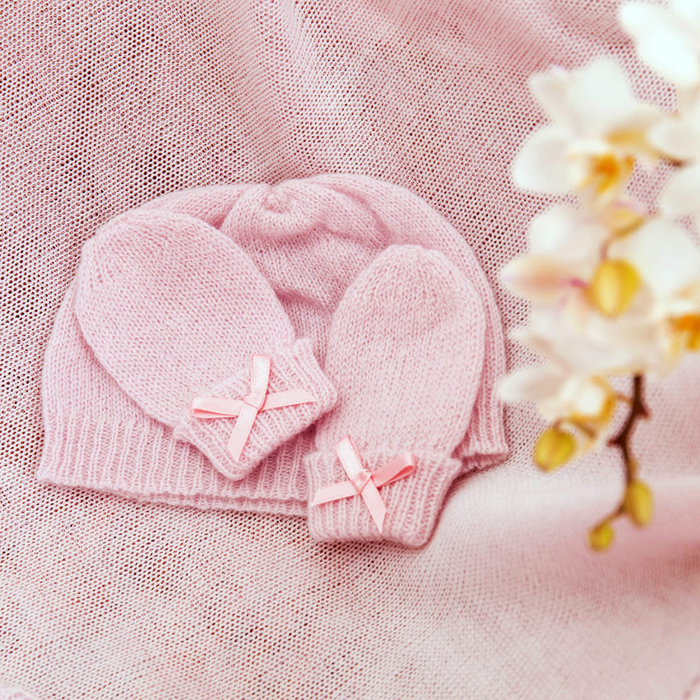 Set of soft pink cashmere hat and mittens.  Perfect new baby gift
