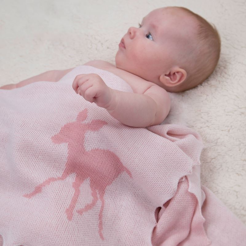 100% merino blue wool baby shawl with a pink fawn print  Edit alt text