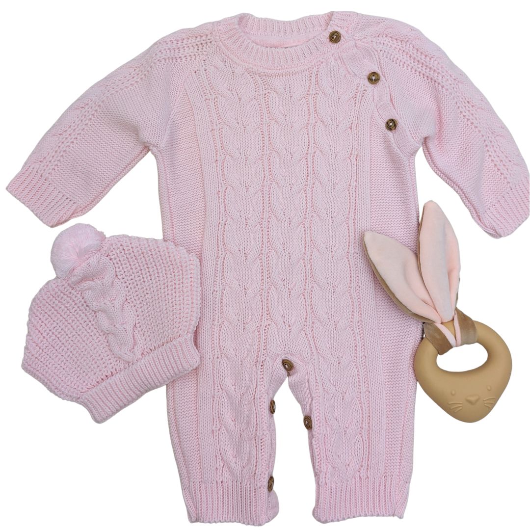 Baby Clothing Pink Cable Knit Romper Suit with Pompom Hat