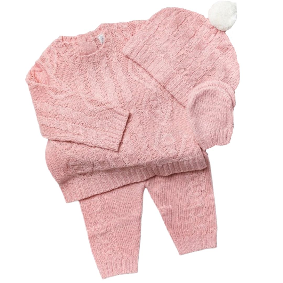 Baby Girls Knitted Baby Clothing Set In Dusky Pink with Cable Knit Detail