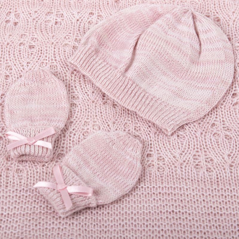 Pink knitted pink blanket, hat and mittens gift set